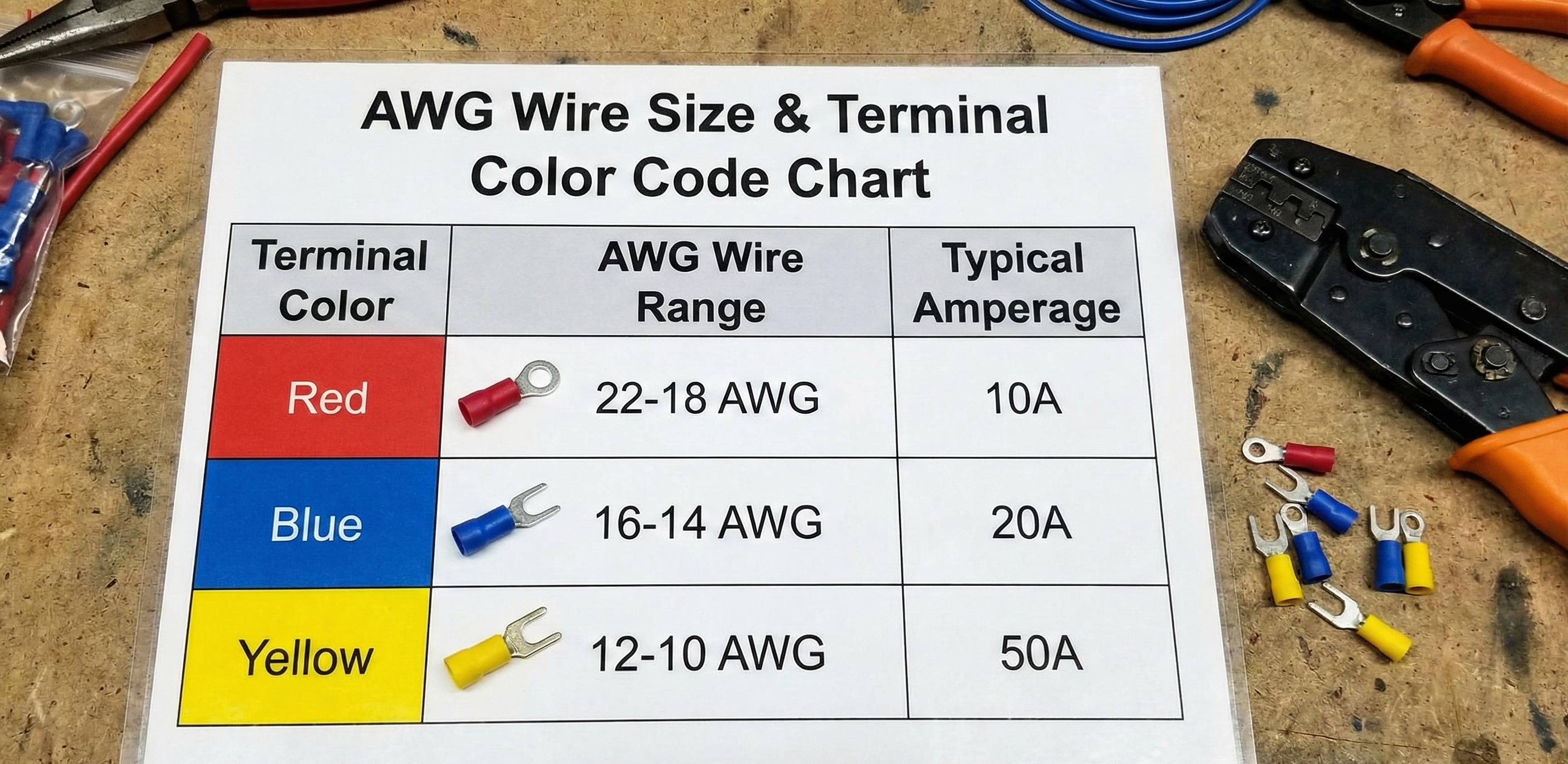 Chart showing Red, Blue, and Yellow terminal color codes corresponding to AWG wire sizes